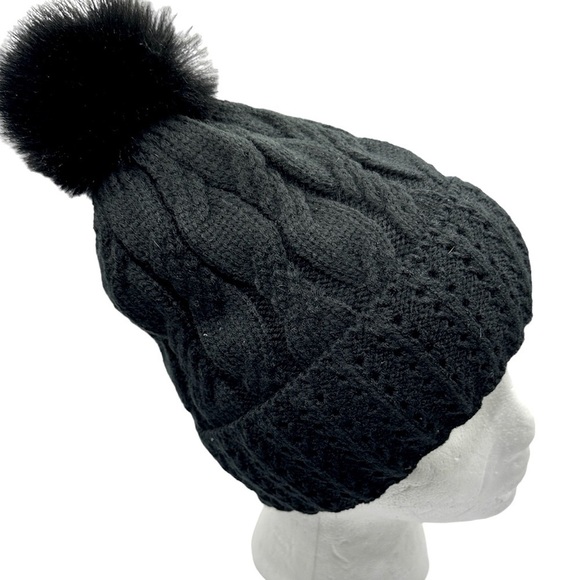 BLACK Cable Knit Beanie with Faux Fur Pom pom - Picture 4 of 7